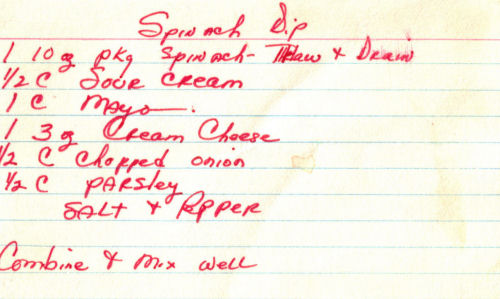 Handwritten Spinach Dip Recipe Card