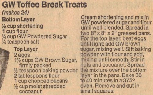 GW Toffee Break Treats Recipe Clipping