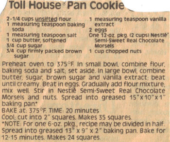 Toll House Pan Cookies Recipe Clipping