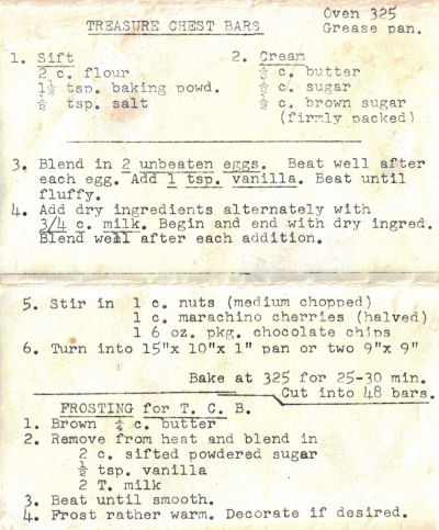 Treasure Chest Bars Recipe Sheet