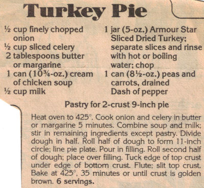 Turkey Pie Recipe Clipping