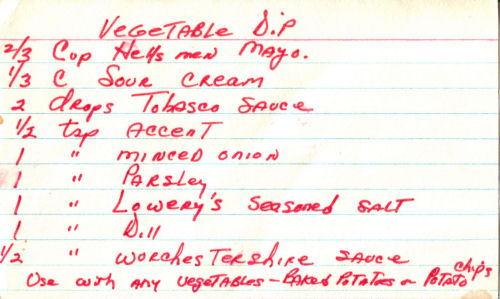 Handwritten Vegetable Dip Recipe Card