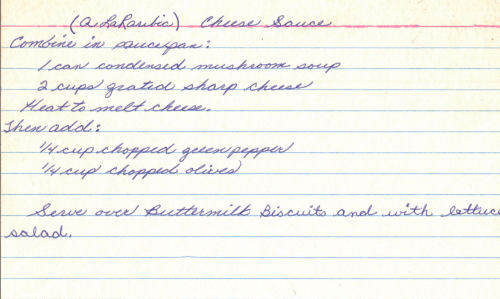 Handwritten Recipe Card For A La Raribia Cheese Sauce