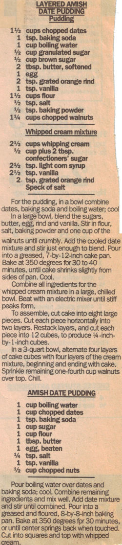 Recipe Clipping For Layered Amish Date Pudding