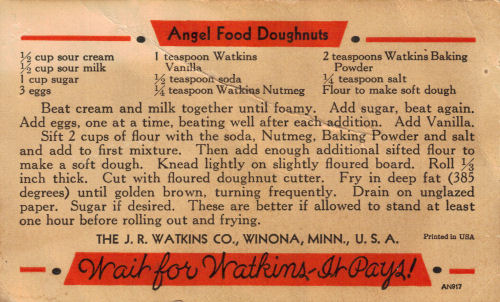 Vintage Watkins Angel Food Doughnuts Recipe Card