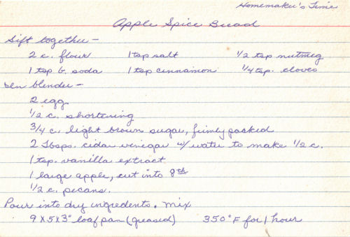 Handwritten Recipe For Apple Spice Bread
