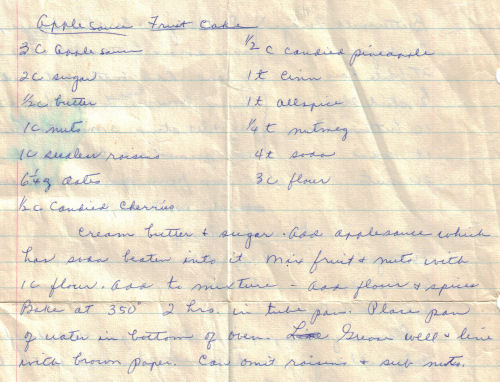 Handwritten Applesauce Fruit Cake Recipe