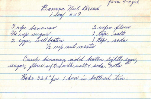 Handwritten Recipe For Banana Nut Bread