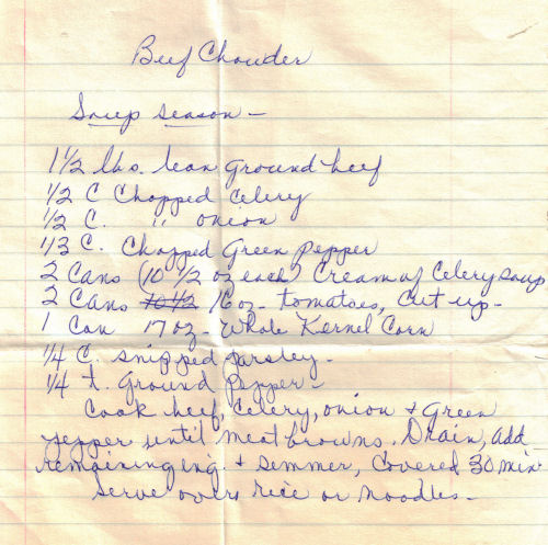 Handwritten Beef Chowder Recipe