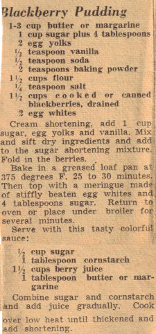 Recipe Clipping For Blackberry Pudding