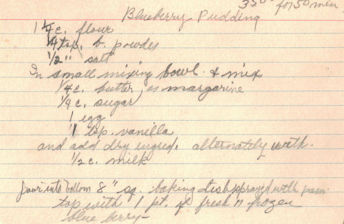Handwritten Blueberry Pudding Recipe