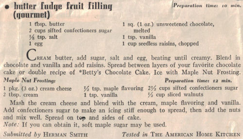 Recipe Clipping For Butter Fudge Fruit Filling And Maple Nut Frosting