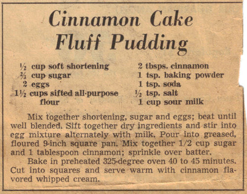 Vintage Clipping For Cinnamon Cake Fluff Pudding
