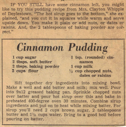 Vintage Recipe Clipping For Cinnamon Pudding