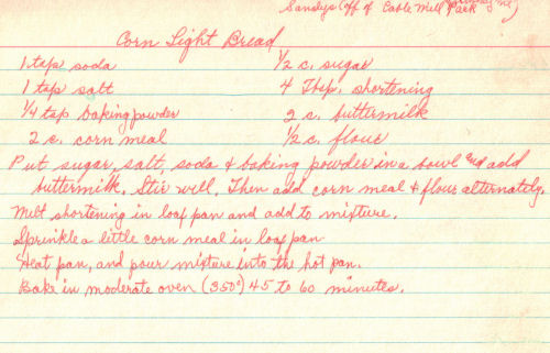 Handwritten Corn Light Bread Recipe