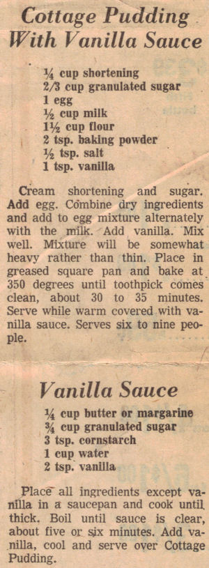 Recipe Clipping For Cottage Pudding With Vanilla Sauce
