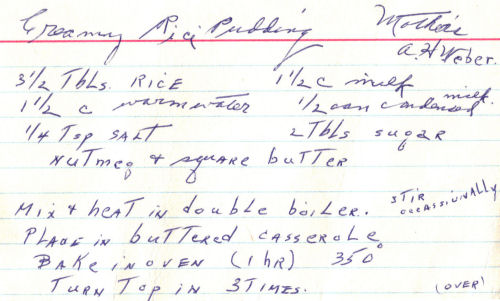 Handwritten Recipe For Creamy Rice Pudding