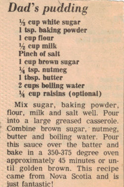 Dad's Pudding Recipe Clipping