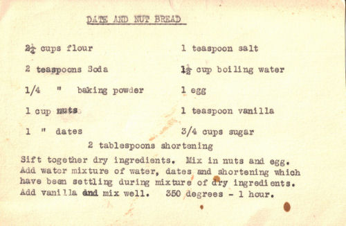 Handwritten Recipe For Date And Nut Bread