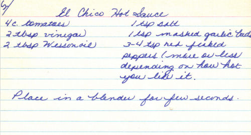 Handwritten Recipe Card For El Chico Hot Sauce