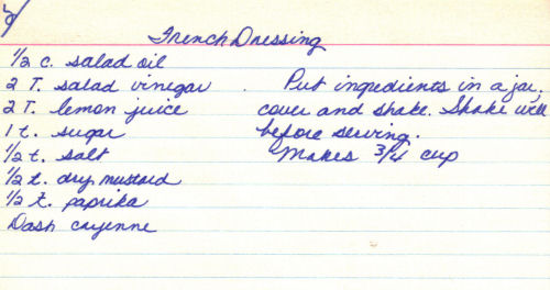 Handwritten Recipe Card For French Dressing