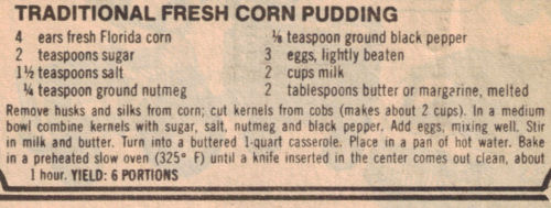Recipe Clipping For Fresh Corn Pudding