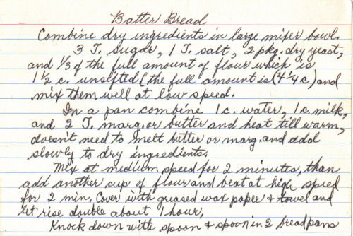 Handwritten Recipe For Batter Bread
