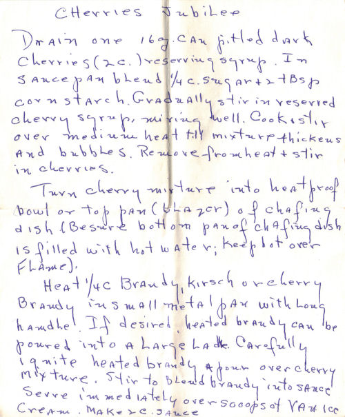 Handwritten Recipe For Cherries Jubilee