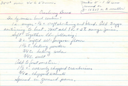 Handwritten Recipe For Cranberry Bread
