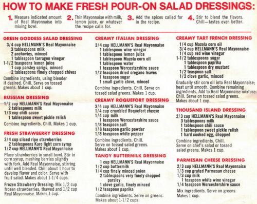Recipe Sheet For Hellmann's Salad Dressings