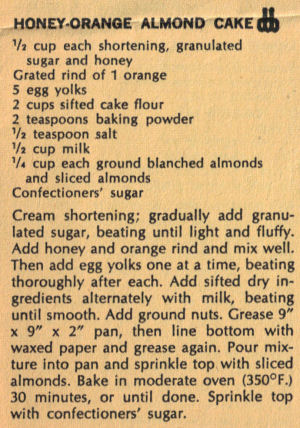 Vintage Recipe Clipping For Honey-Orange Almond Cake