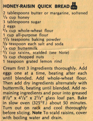 Vintage Recipe Clipping For Honey-Raisin Quick Bread