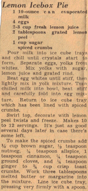 Vintage Lemon Icebox Pie Recipe Clipping