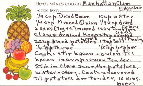Handwritten Manhattan Clam Chowder Recipe Card
