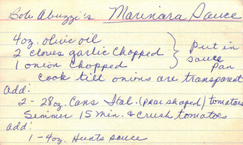Handwritten Recipe Card For Homemade Marinara Sauce