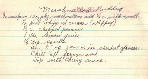Handwritten Marshmallow Pudding Recipe