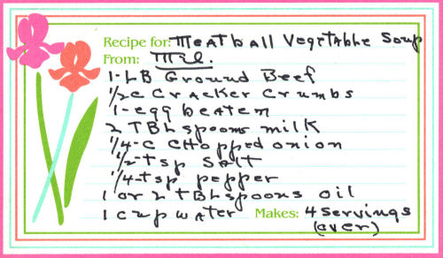 Handwritten Meatball Vegetable Soup Recipe Card