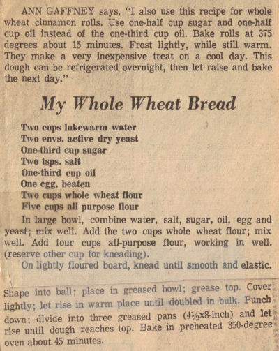 Recipe Clipping For Whole Wheat Bread