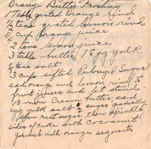 Handwritten Orange Butter Frosting Recipe
