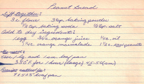 Handwritten Peanut Bread Recipe Card