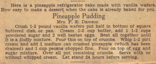 Vintage Pineapple Pudding Refrigerator Cake Recipe Clipping