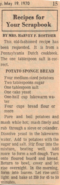 Recipe Clipping For Potato Sponge Bread