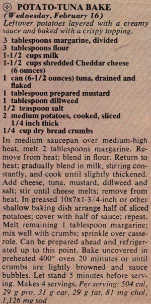 Recipe Clipping For Potato-Tuna Bake Casserole