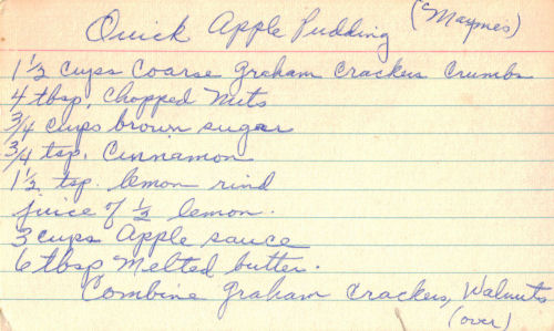 Handwritten Card For Quick Apple Pudding Recipe