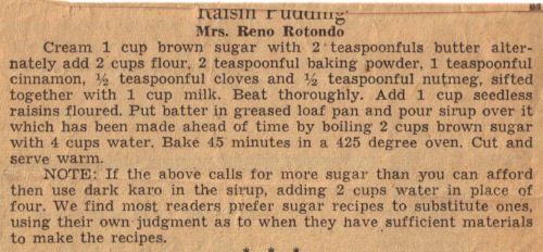 Vintage Clipping For Raisin Pudding Recipe