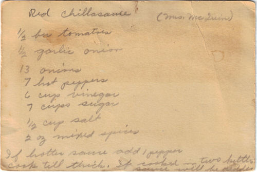 Handwritten Recipe Card For Homemade Red Chili Sauce