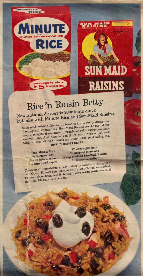 Vintage Recipe Clipping For Rice 'n Raisin Betty