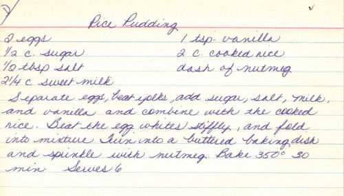 Handwritten Recipe Card For Rice Pudding