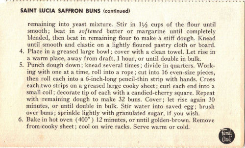 Back Of Vintage Recipe Card For Saint Lucia Saffron Buns
