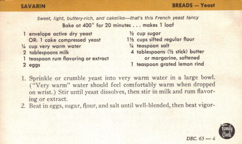 Vintage Recipe Card For Savarin Bread